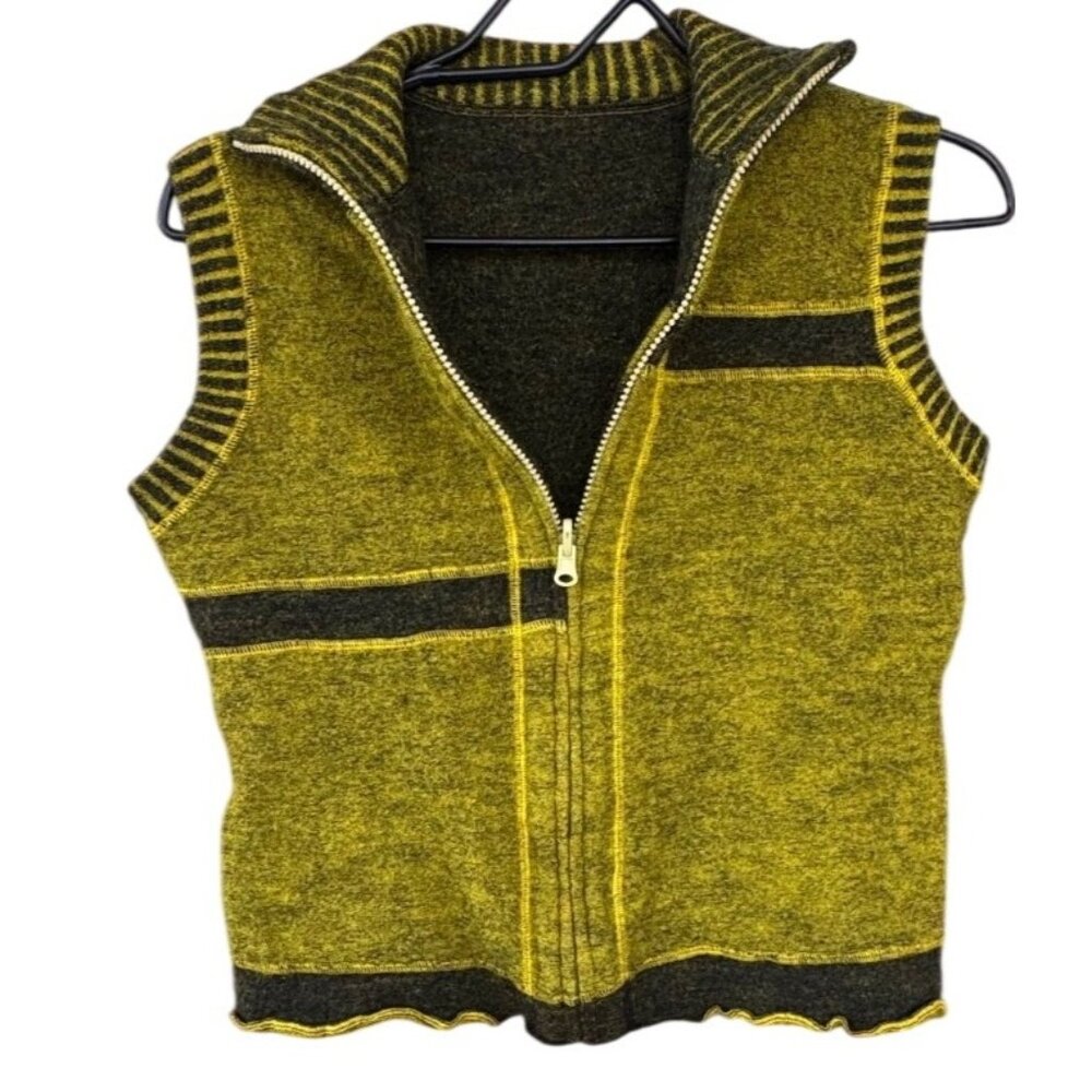 Chalet Wool Vest Womens Size Small Zip-Up In Mustard yellow With Striped Collar